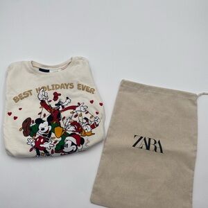 Zara Cream Festive Disney Long Sleeve Top with Mickey and Friends Characters